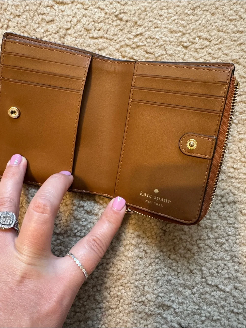 kate spade Brown Saffiano Zip Wallet with Gold Logo